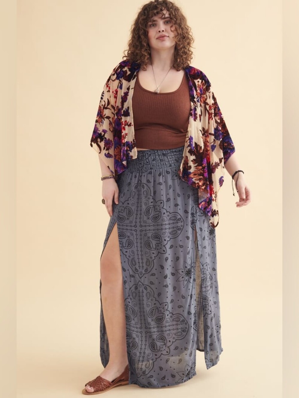 Earthbound Trading Smocked Waist Maxi Skirt Double Slit W Paisley Print Sz Small